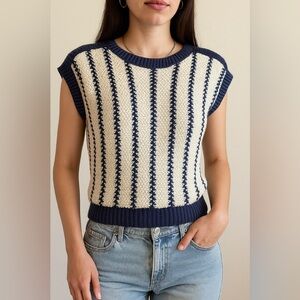 Vintage Dalton Knit Sleeveless Sweater Top Navy Cream – PTP 15